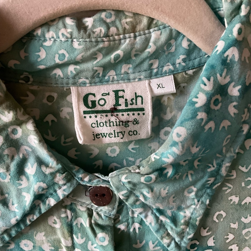 Go Fish Floral Teal Button-Up Dress. Hi-lo hem. Short sleeves. Size XL - Picture 5 of 11